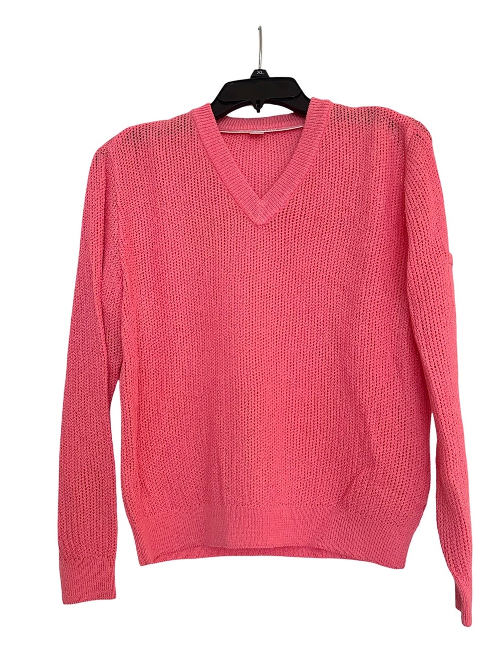 St John Coral Pink Open Knit V-Neck Open Knit Crest Log Pullover Sweater